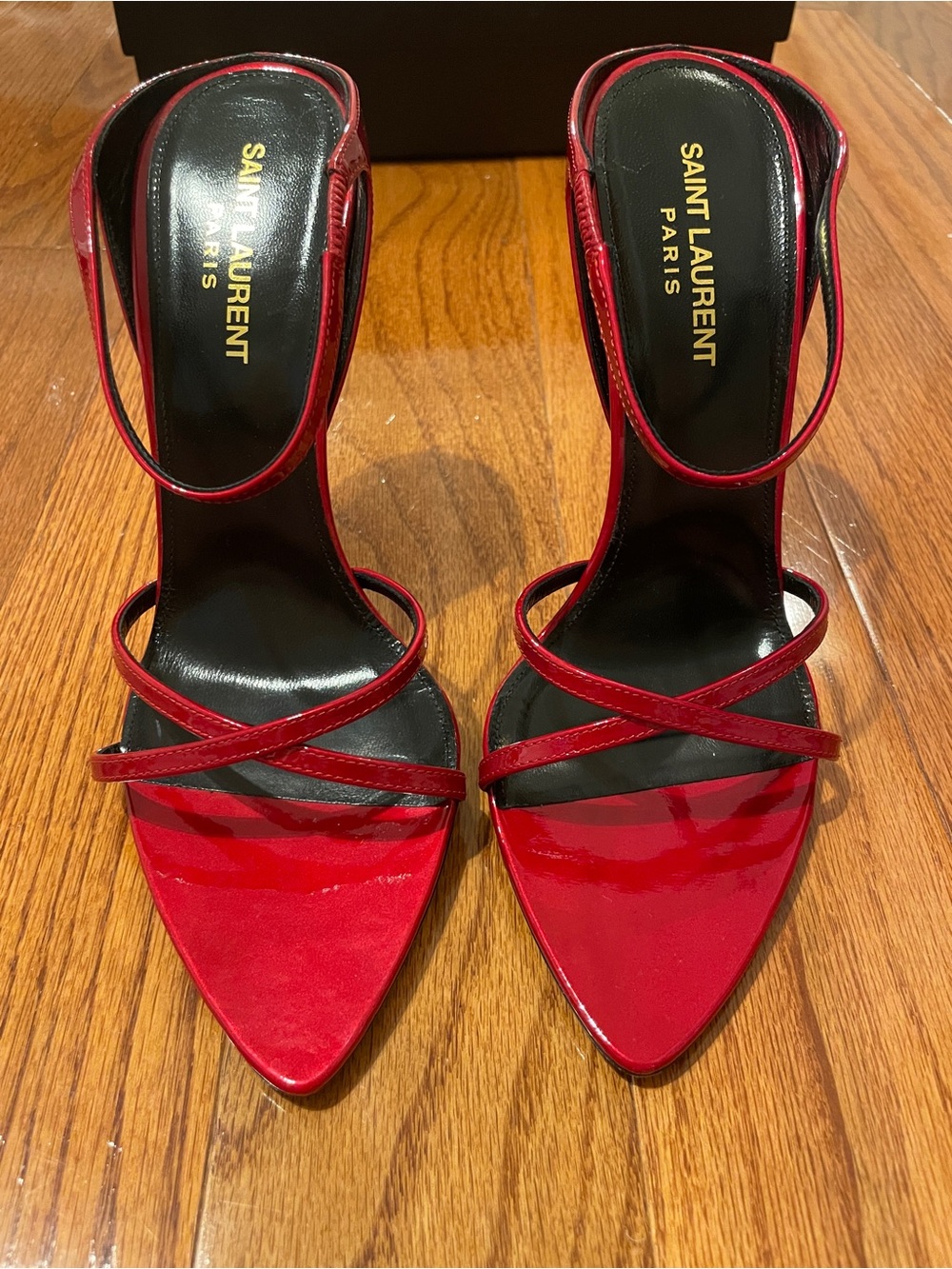 Yves Saint Laurent Gippy Red Patent Leather Strappy Pointed-Toe Heels